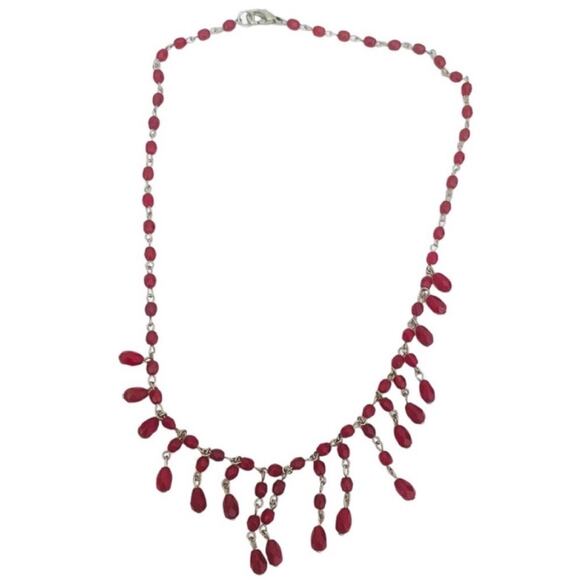 Red Beaded Fringe Silver Tone Necklace - Picture 1 of 3